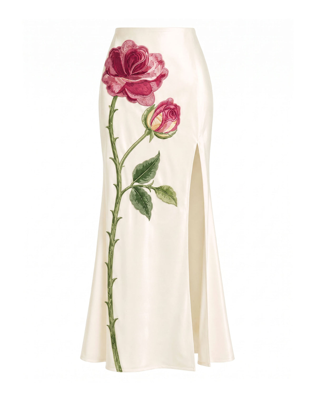 Rose Embroidered High-Split Maxi Skirt - Pure White