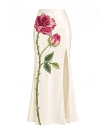 Rose Embroidered High-Split Maxi Skirt - Pure White