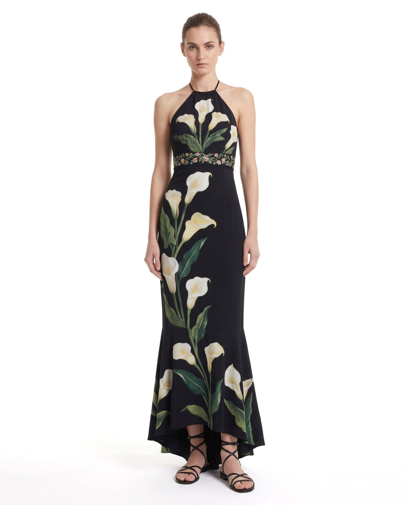 Calla Lily Printed Halter Neck High-Low Maxi Dress - Black