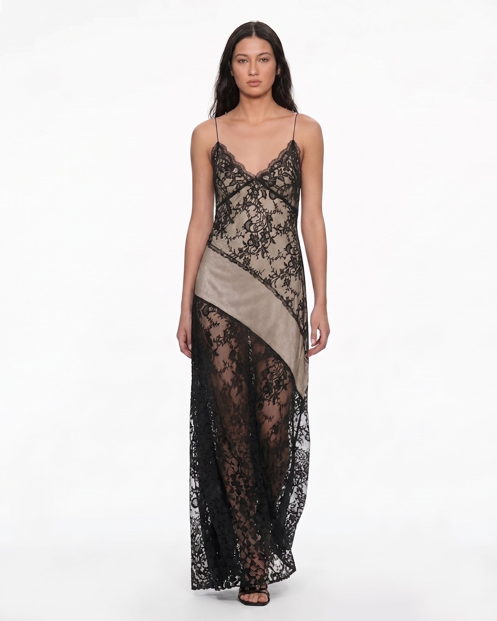 Sheer Lace Spaghetti Strap Maxi Dress - Black & Nude