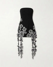 Floral Embroidered Cascade Mini Dress - Black