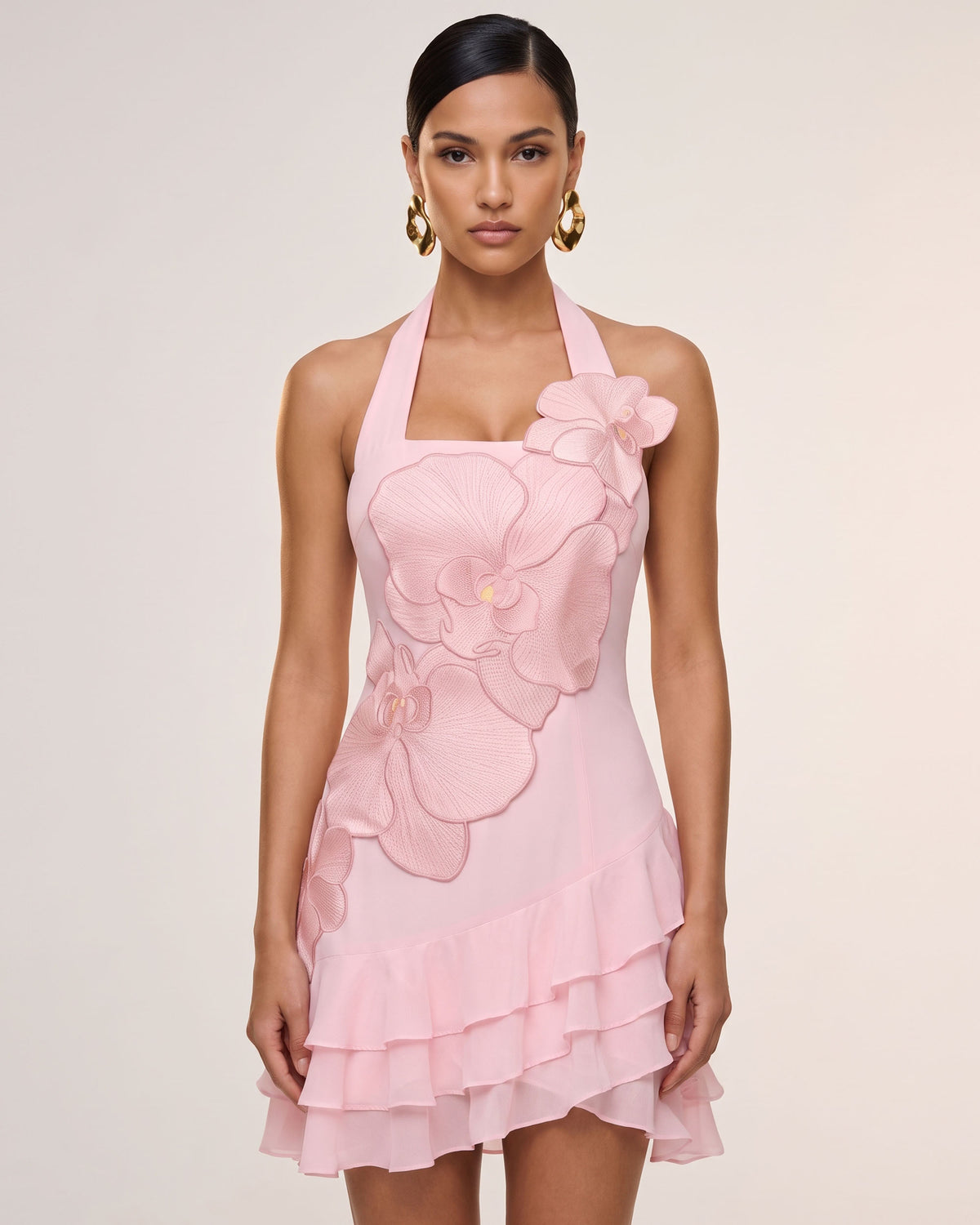 Orchid Embroidered Halter Ruffle Mini Dress - Pink
