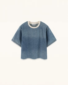 Contrast Rib Denim Cropped Tee - Washed Blue