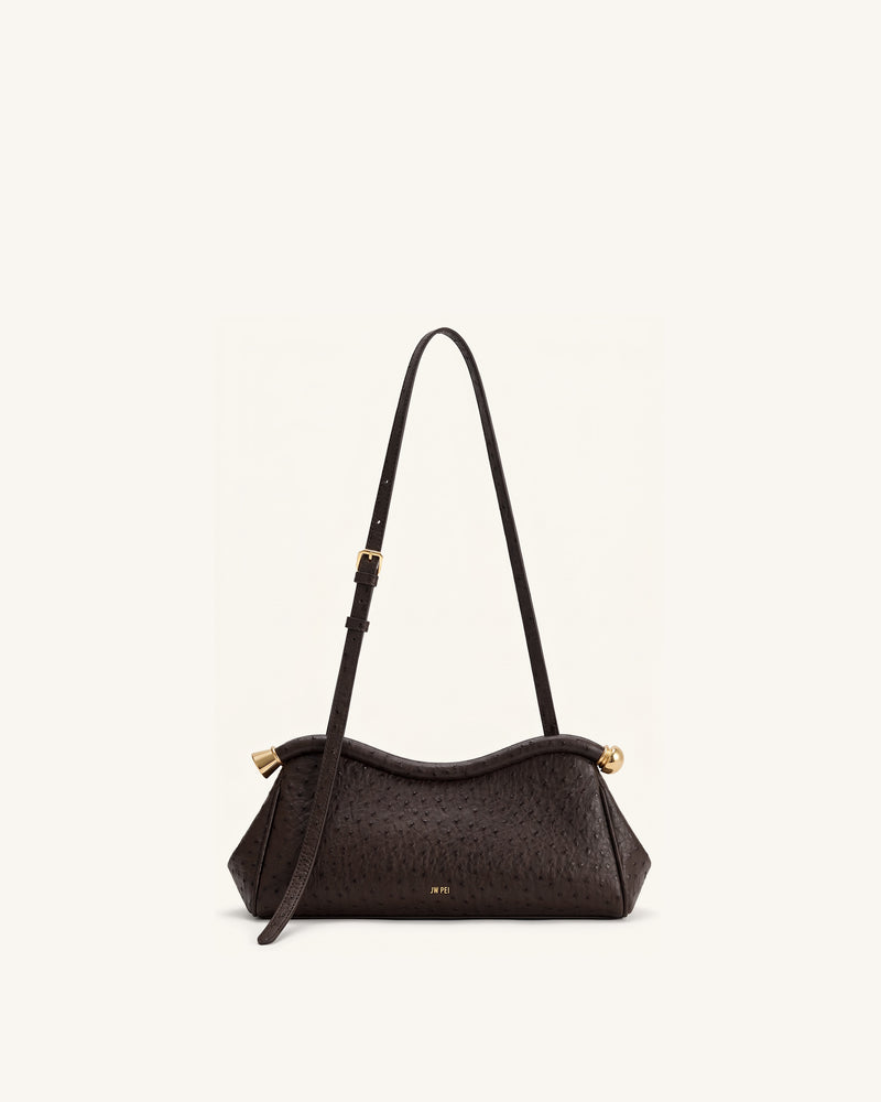 Naomi Faux Ostrich Grain Curved Shoulder Bag - Dark Brown