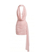 Orchid Beaded Embroidered Cowl Halter Sash Mini Dress - Blush Pink