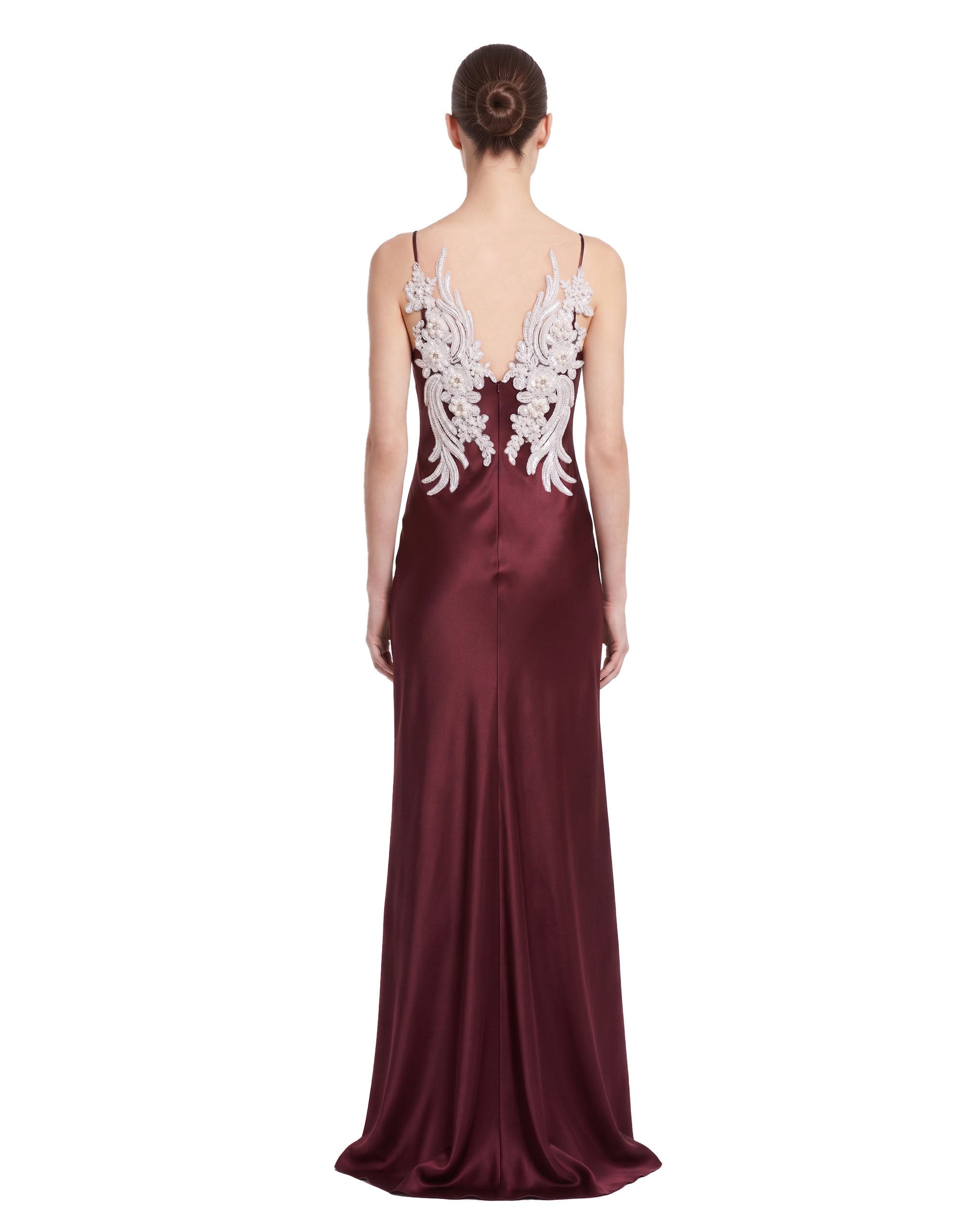 Floral Embellished Open-Back Satin Maxi Dress - Burgundy