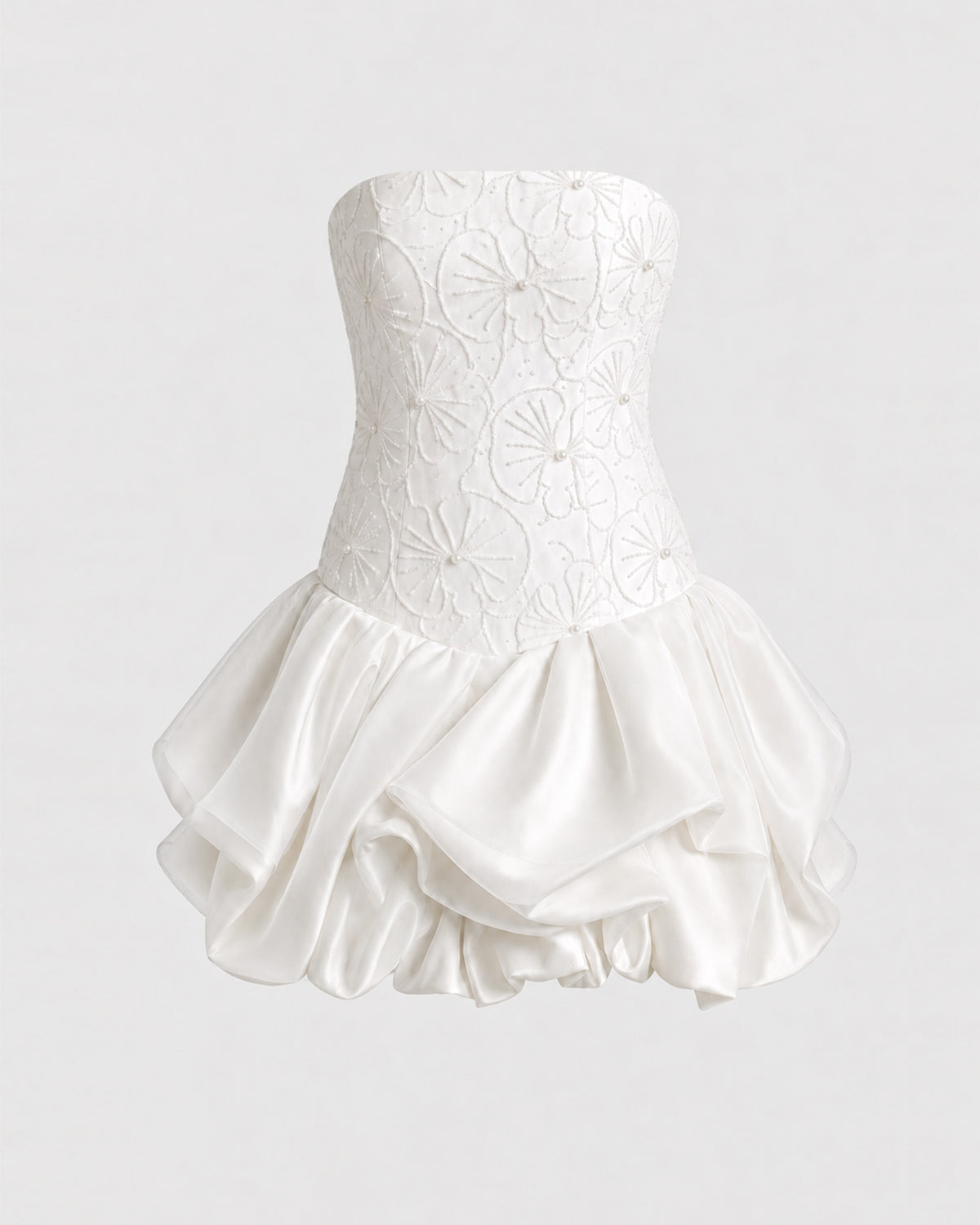 Orchid Beaded Embroidered Strapless Bubble Hem Mini Dress - White