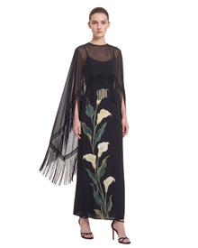 Calla Lily Printed Fringe Sheer Cape Maxi Dress - Black