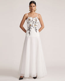 3D Floral Spaghetti Strap A-Line Maxi Dress - White