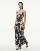 Abstract Floral Spaghetti Strap Maxi Dress - Navy & Beige