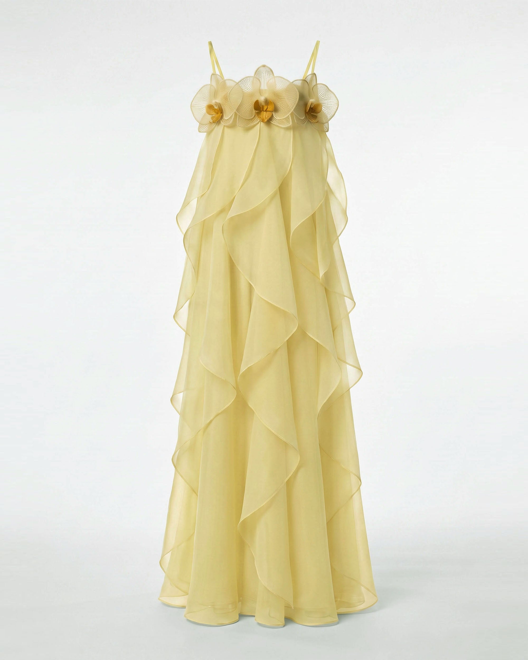 Orchid Embroidered Organza Maxi Dress - Light Yellow