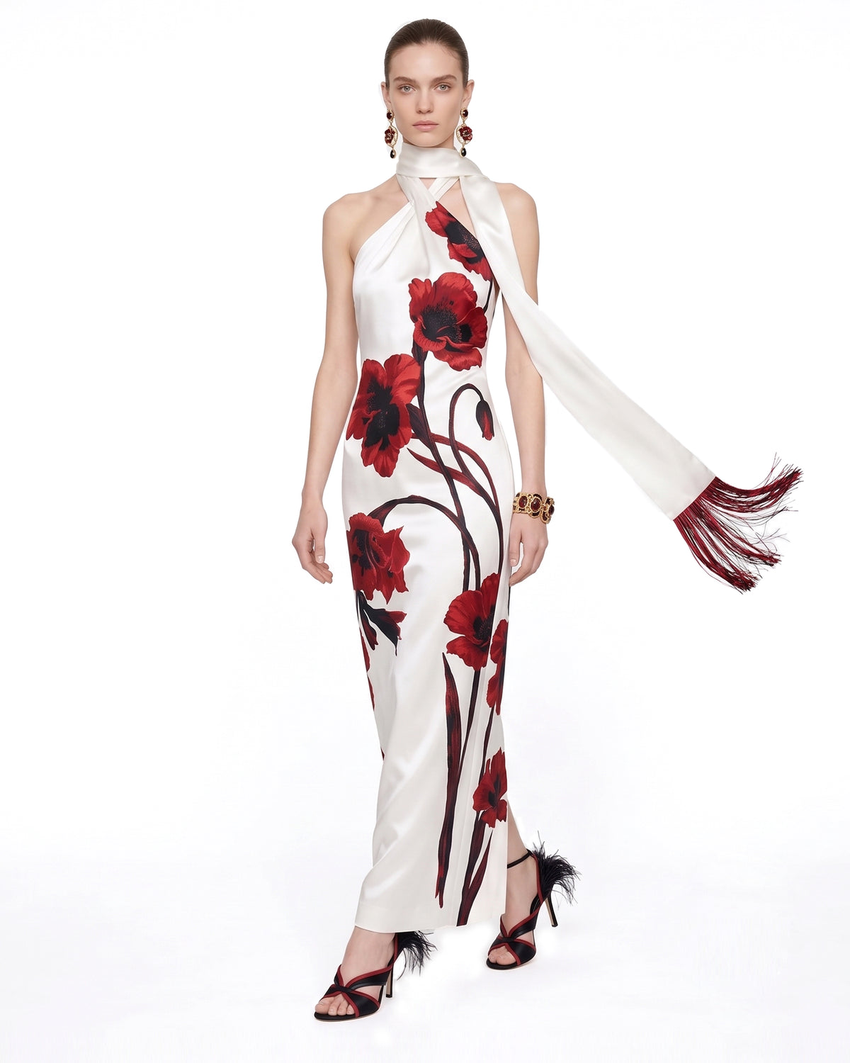 Floral Print Scarf-Neck Column Maxi Dress - White & Red