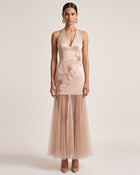 Orchid Embroidered Sheer Hem Halter Maxi Dress - Champagne