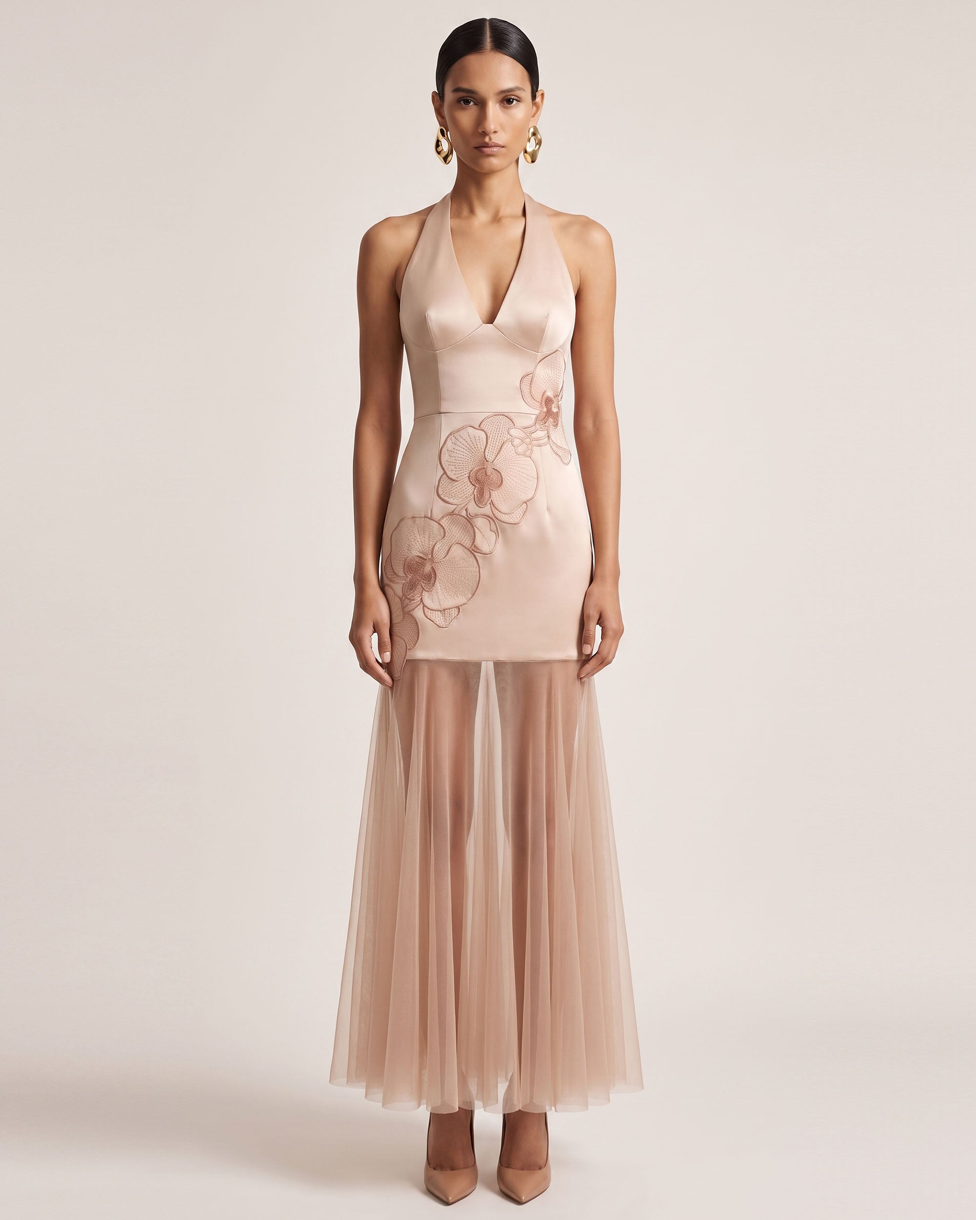 Orchid Embroidered Sheer Hem Halter Maxi Dress - Champagne