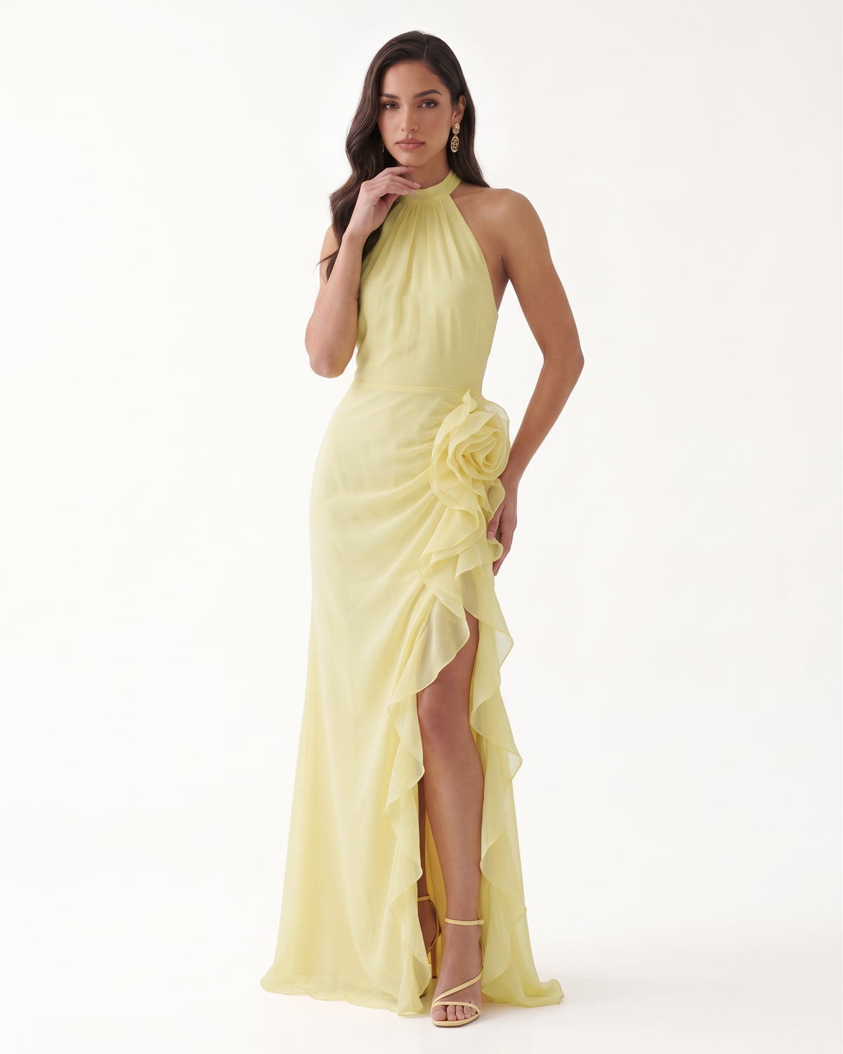 Halter Ruffle Rosette Slit Maxi Dress - Light Yellow