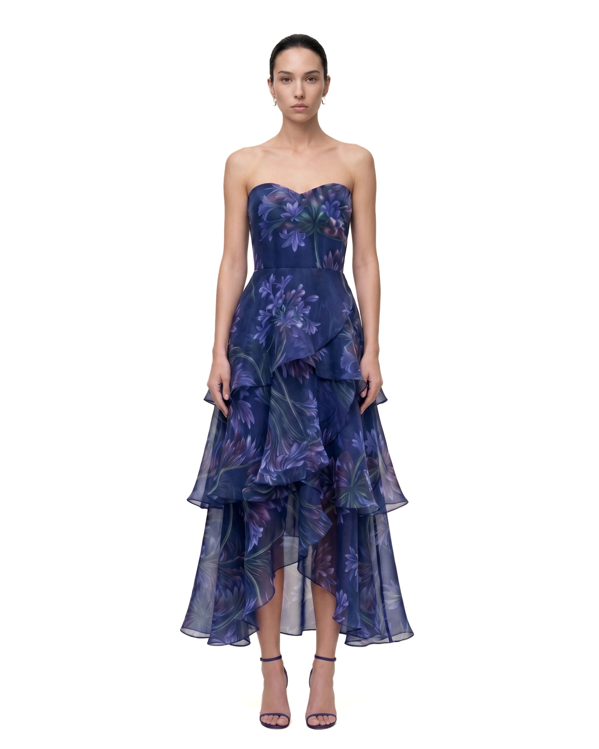 Floral Print Strapless Tiered Ruffle Maxi Dress - Navy