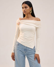 3D Embroidered Tulip Off-Shoulder Draped Top - Cream