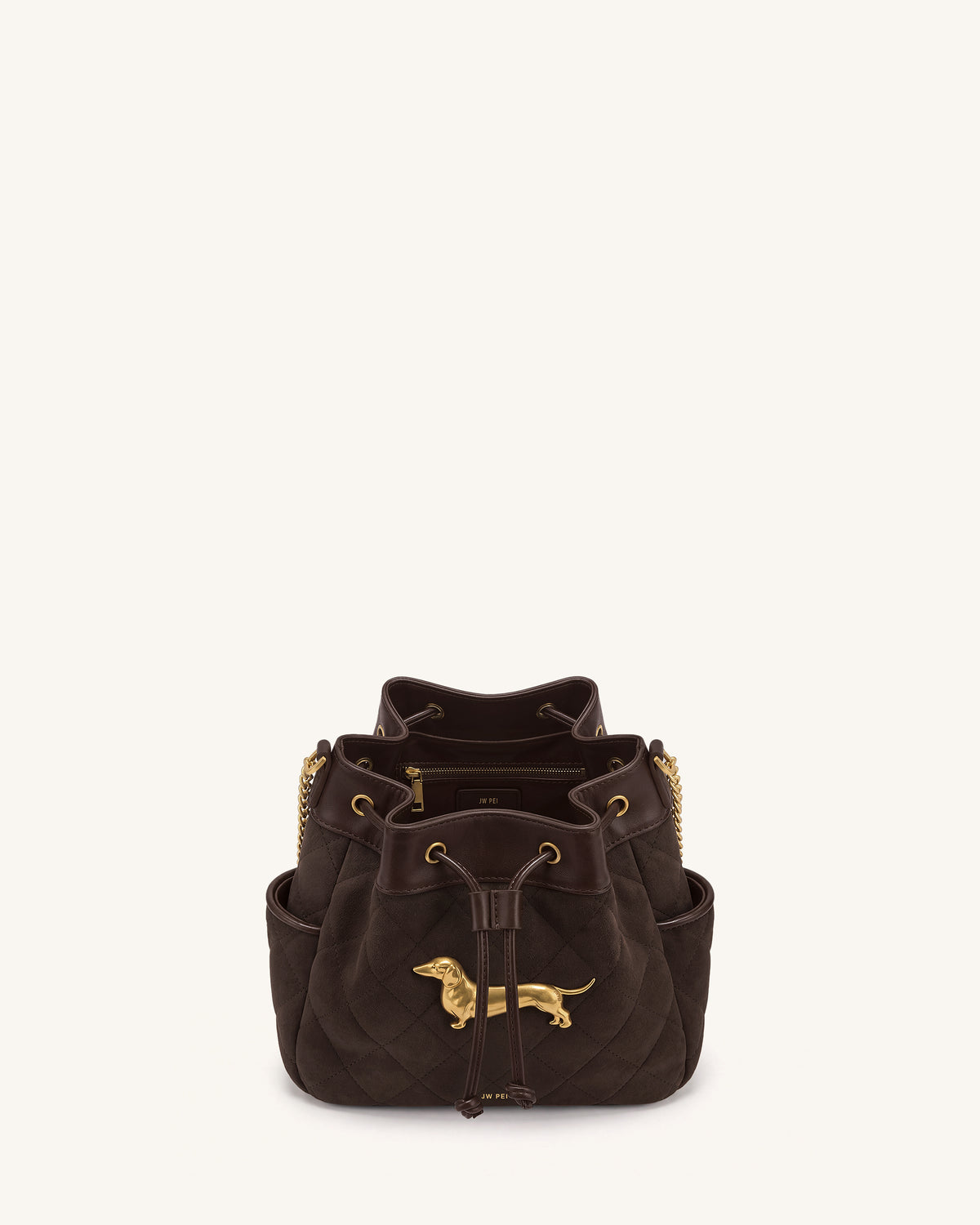 Riley Faux Suede Dachshund Quilted Bucket Bag - Brown