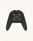Sparkling Pink Crystal Bow Cropped Sweatshirt - Black