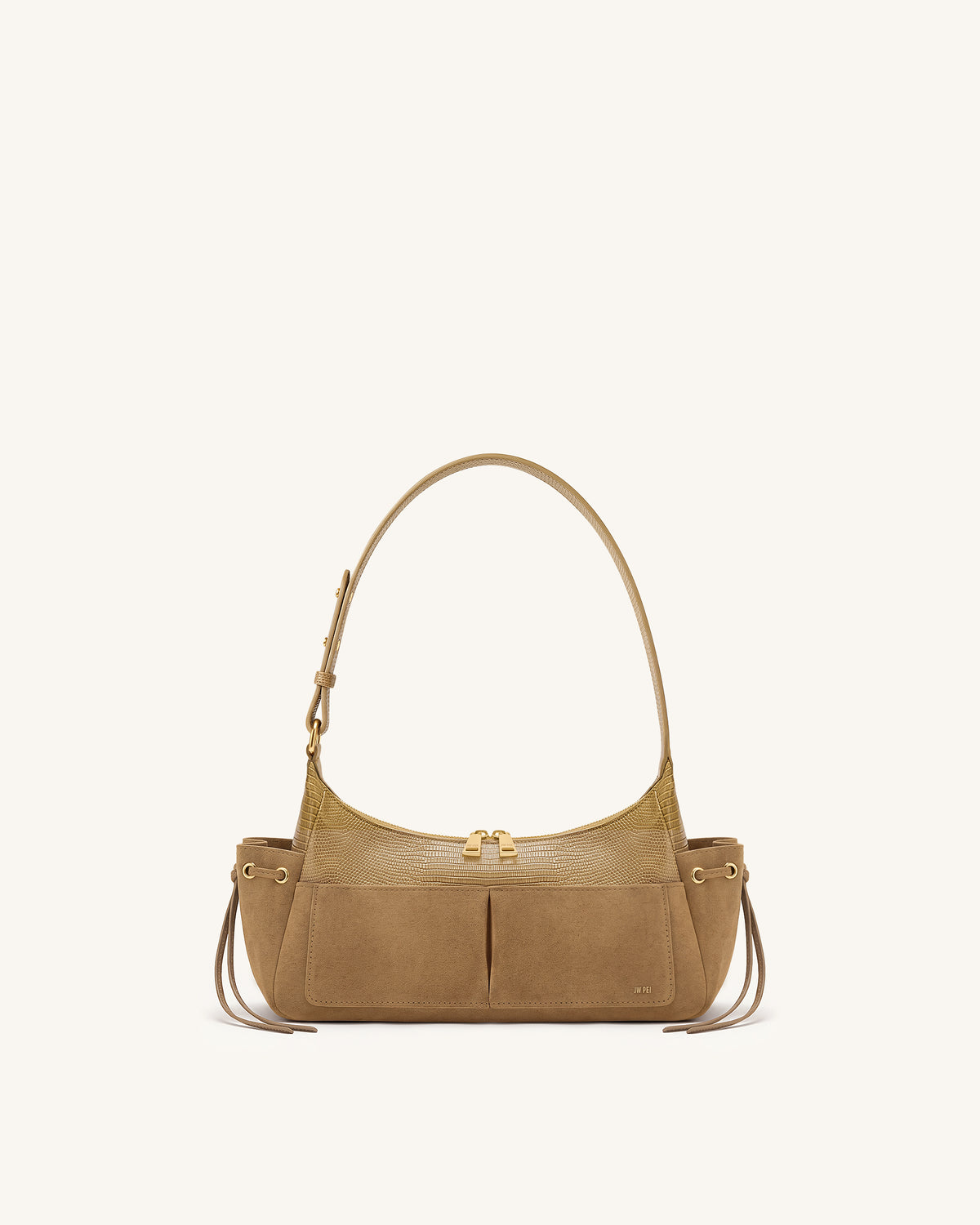 Corinne Lizard-Embossed Faux Suede Shoulder Bag - Khaki