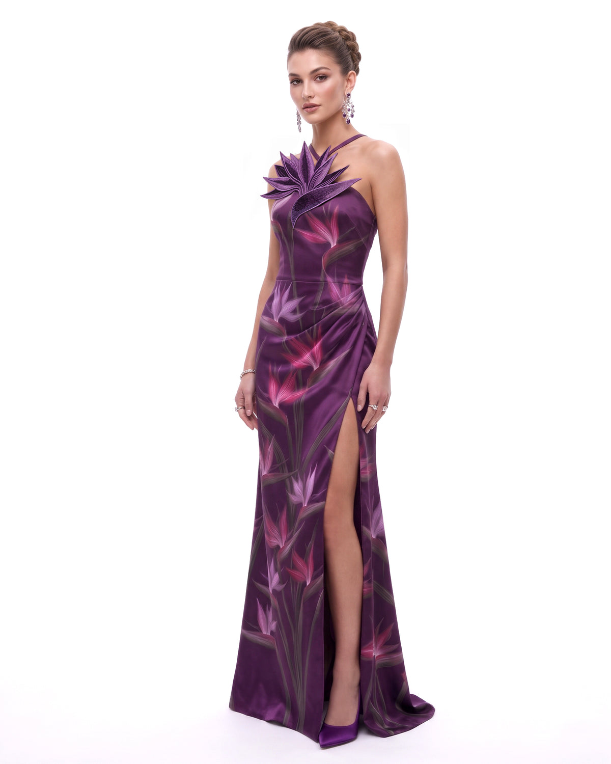 3D Bird Of Paradise Halter Slit Maxi Dress -  Plum