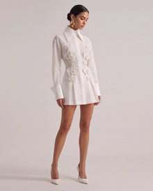 Orchid-Embellished High-Neck Button-Front Mini Shirt Dress - White