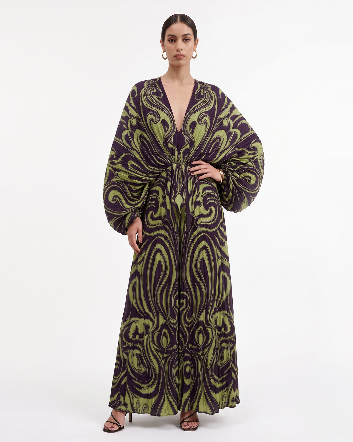 Swirl Print Batwing Sleeve Plunge Maxi Dress - Olive & Purple