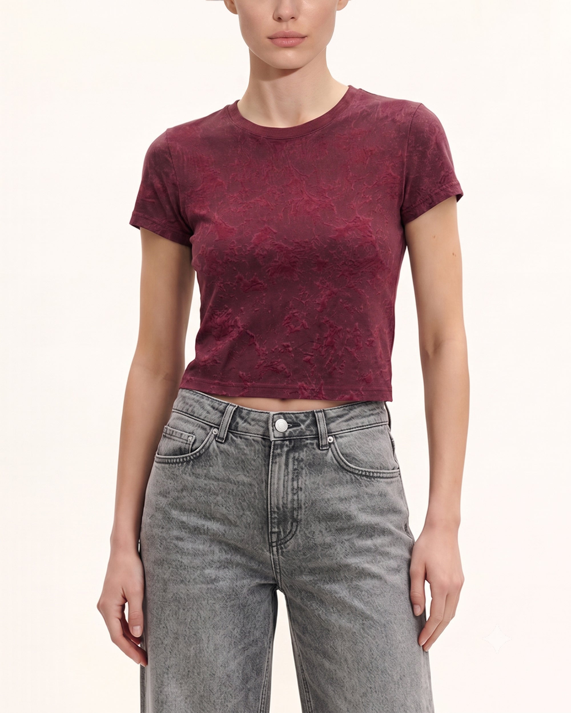 rinkle Wash Cropped Tee - Burgundy
