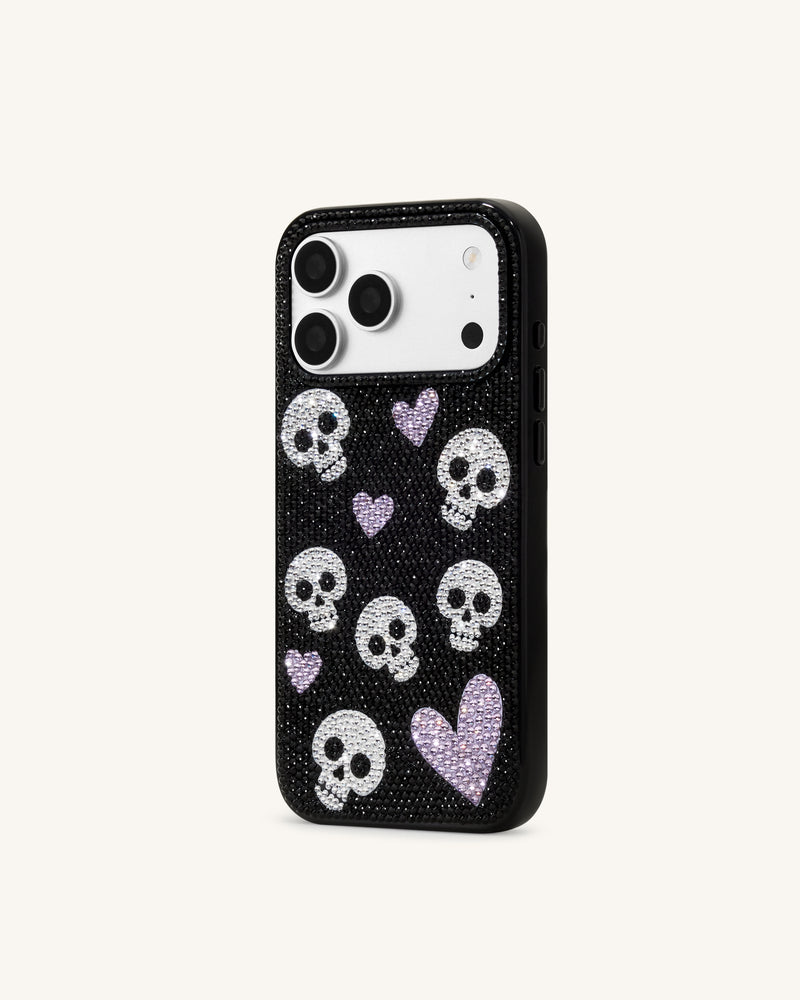 Skull And Heart Rhinestone Phone Case - Black