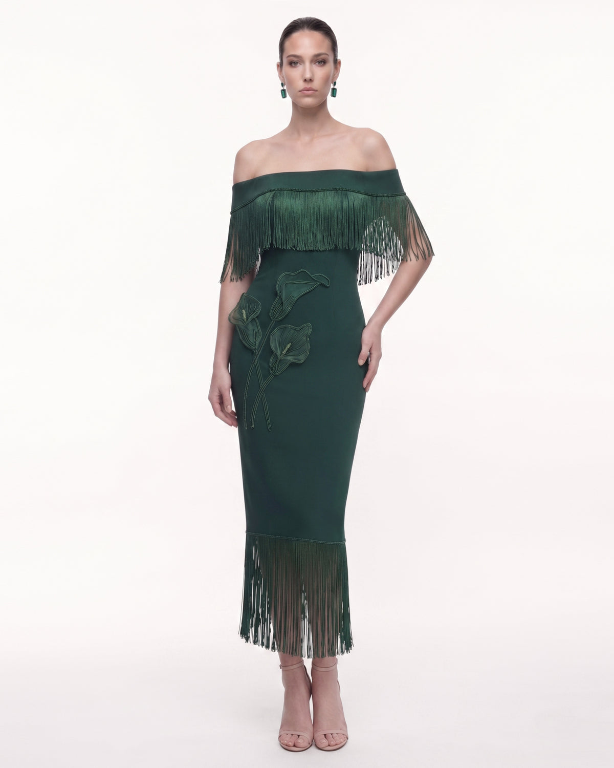 Calla Lily Off-Shoulder Fringe Midi Dress - Emerald Green