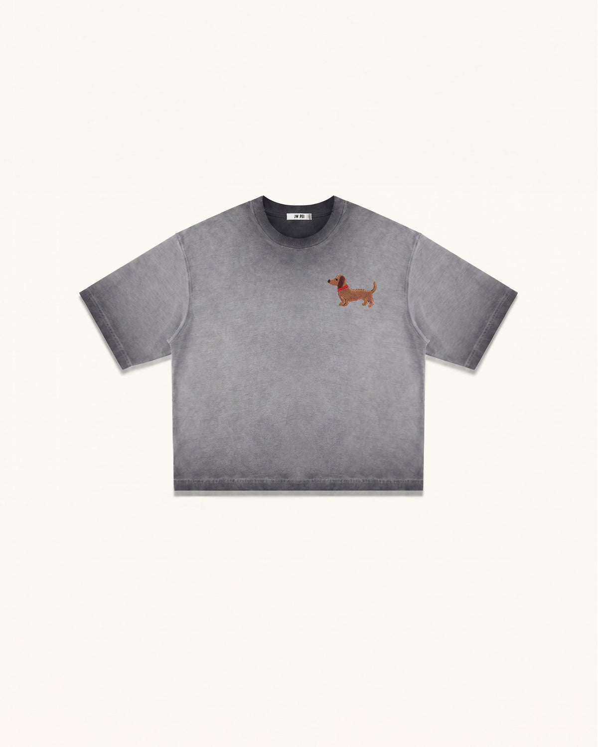 Embroidered Dachshund Boxy Tee - Washed Grey