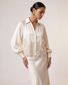 Satin Orchid-Embroidered Puff-Sleeve Shirt - Ivory