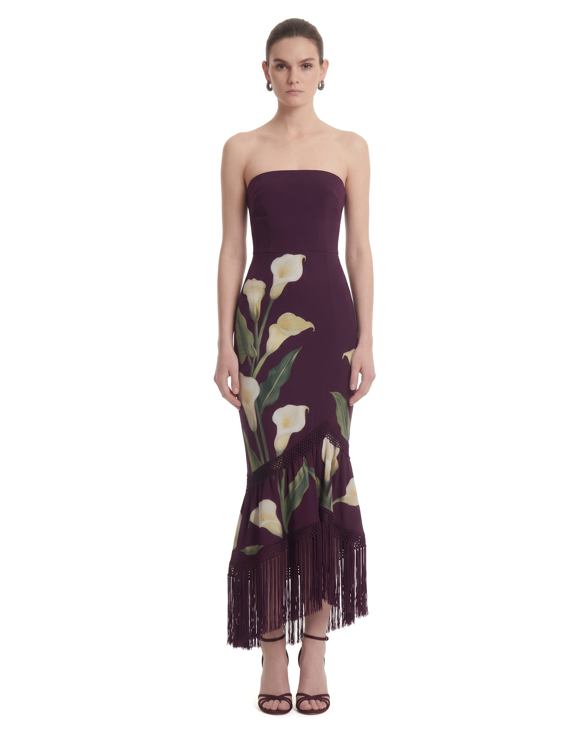 Calla Lily Printed Strapless Fringe Hem Dress - Plum