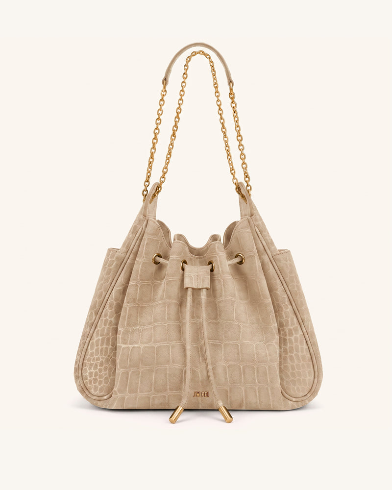 Rowan Faux Suede Drawstring Chain Bucket Bag - Camel Croc