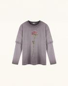 Rhinestone Rose Layered Sleeve Washed Tee - Faded Mauve