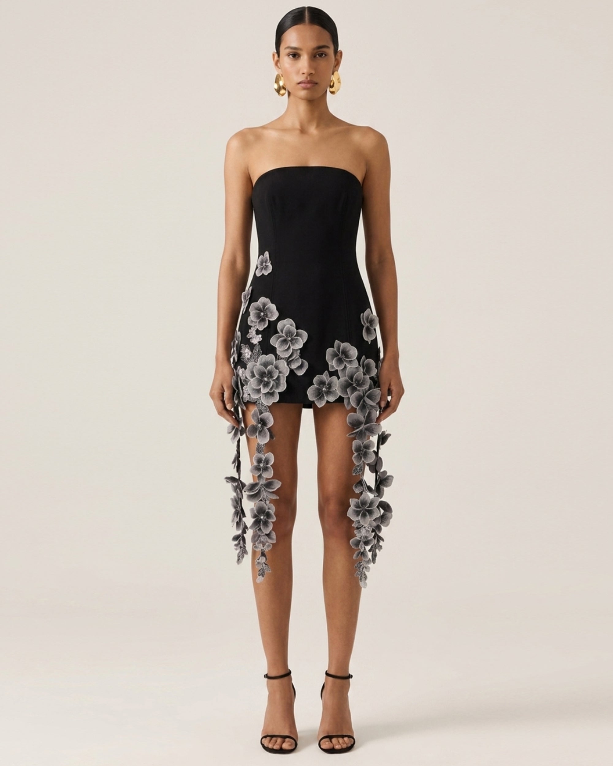 Floral Embroidered Cascade Mini Dress - Black