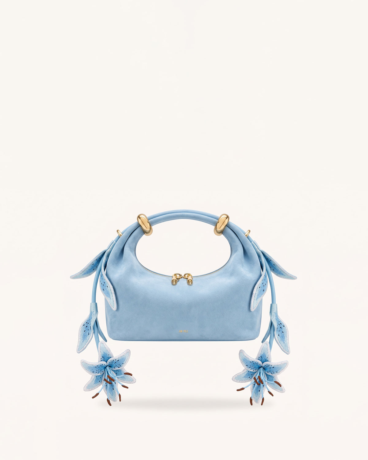 Ellie Faux Suede Metal Ring 3D Lily Embellished Top Handle Bag - Light Blue