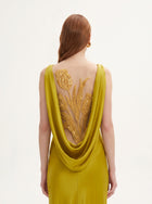Tulip Appliqué Cowl-Back Satin Column Maxi Dress - Liquid Gold