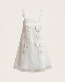 Orchid-Embellished Spaghetti Strap Mini Dress - White