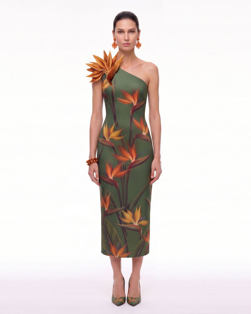 Bird of Paradise Appliqué One-Shoulder Midi Dress - Olive