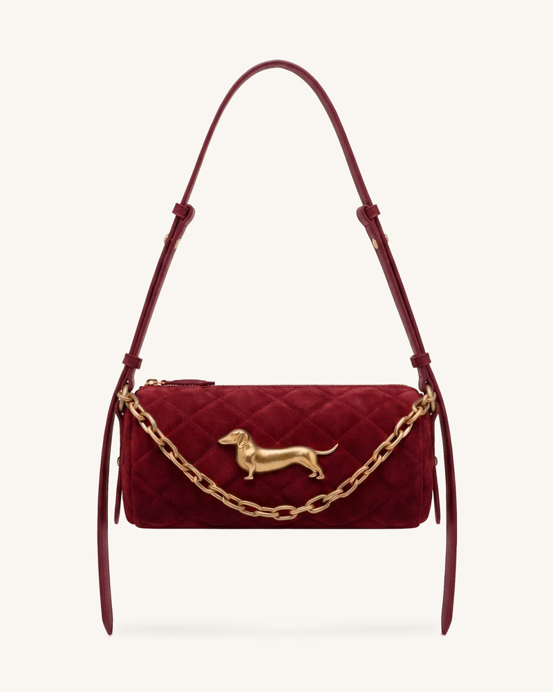 Lucienne Faux Suede Dachshund Quilted Chain Shoulder Bag - Burgundy