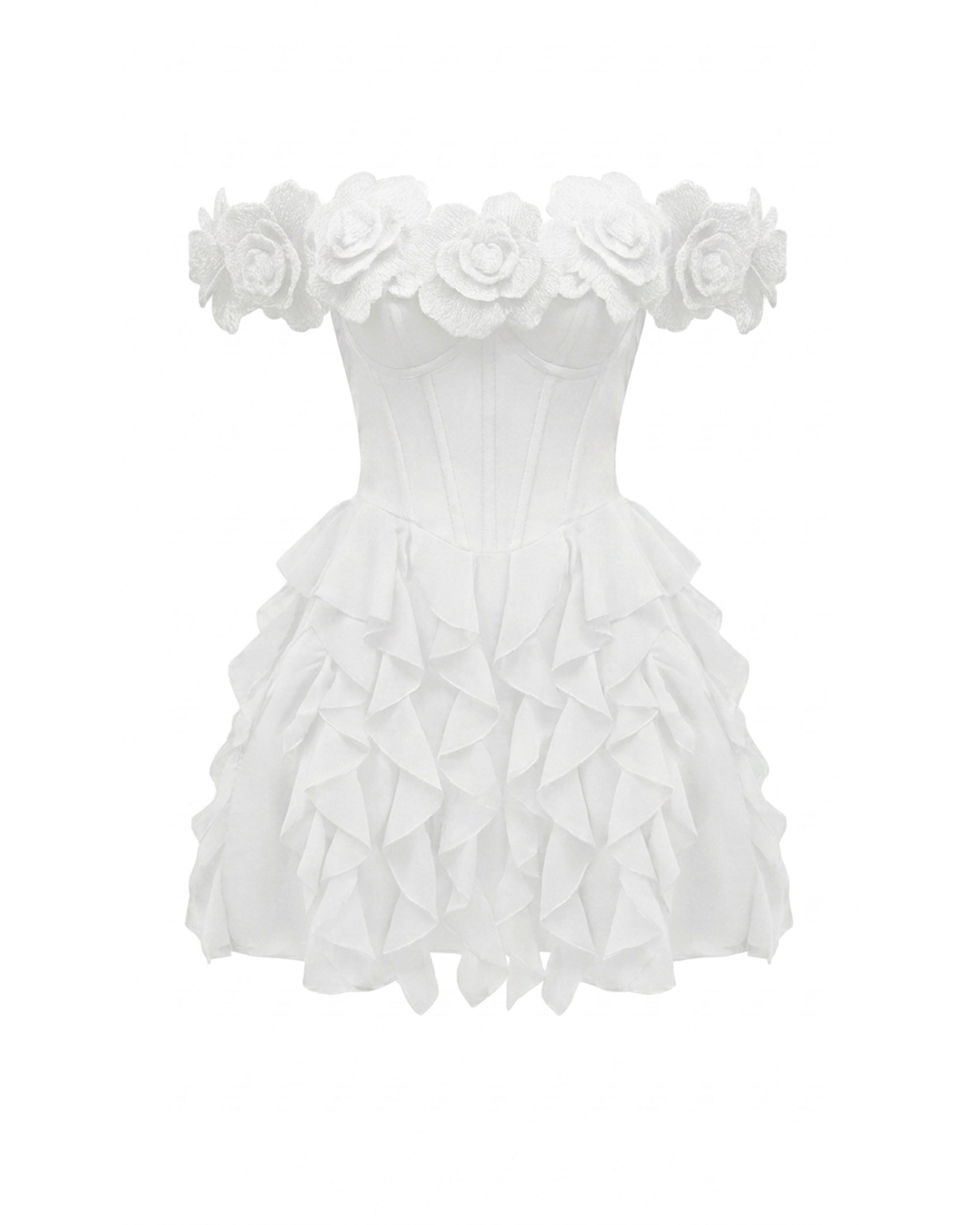 Flower Embroidered Off-Shoulder Corset Mini Dress - White