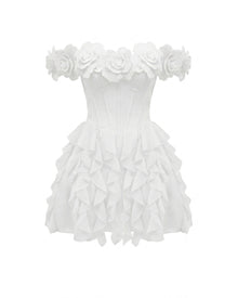 Flower Embroidered Off-Shoulder Corset Mini Dress - White