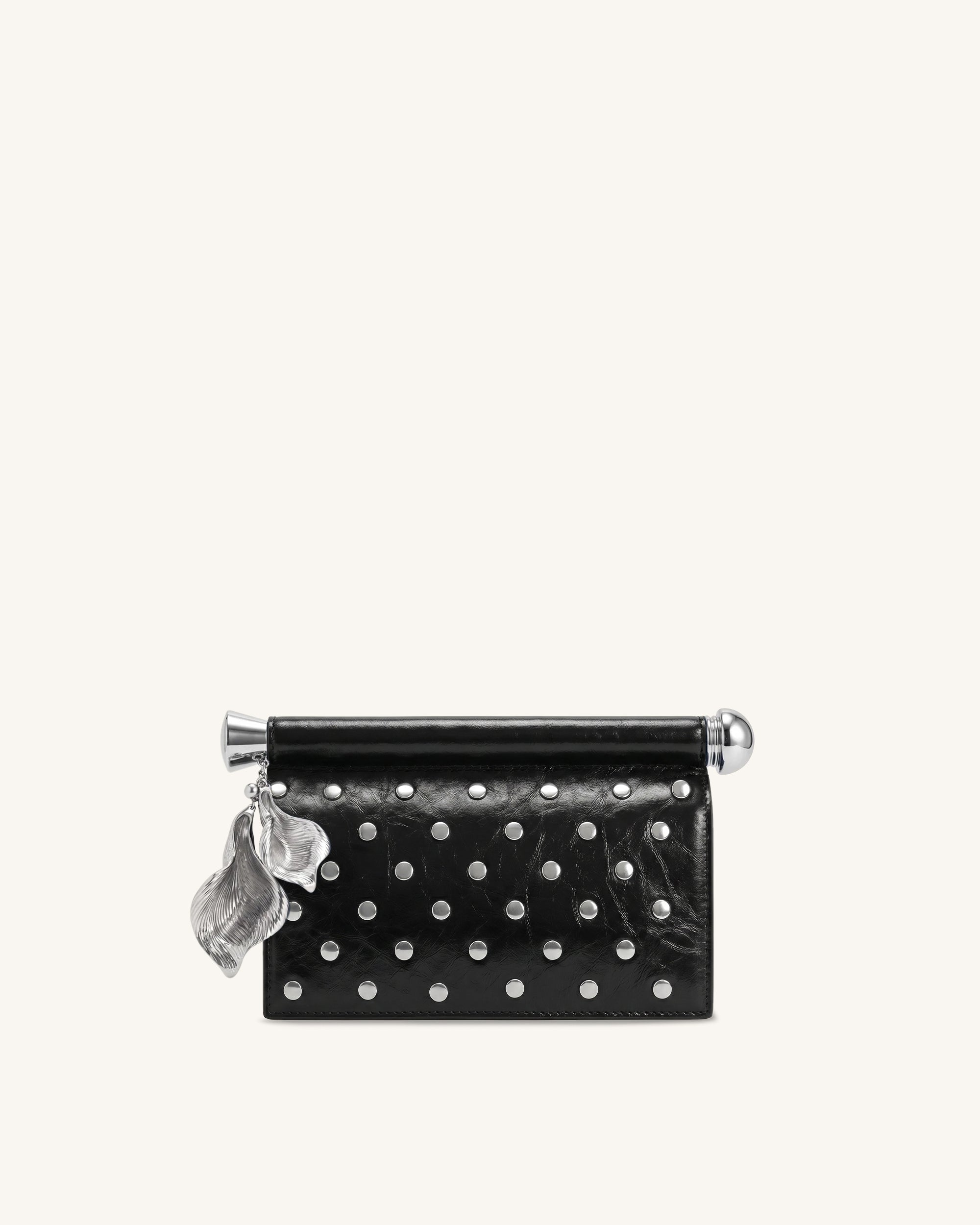 Holly Studded Metal Pendant Embellished Clutch - Ink Black