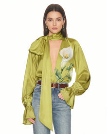 Calla Lily Printed Tie-Neck Silk Blouse - Lime Green