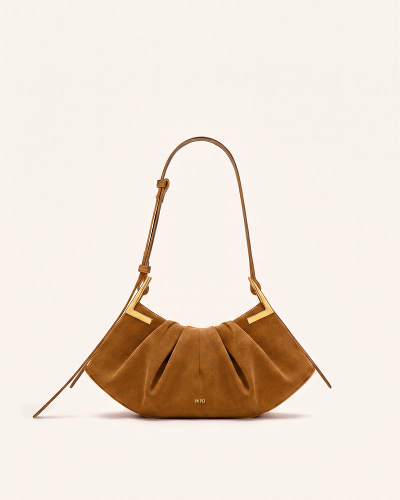 Amelia Faux Suede Pleated Shoulder Bag - Caramel Brown