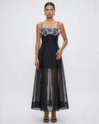 Floral Embroidered Sheer Layered Maxi Dress - Black