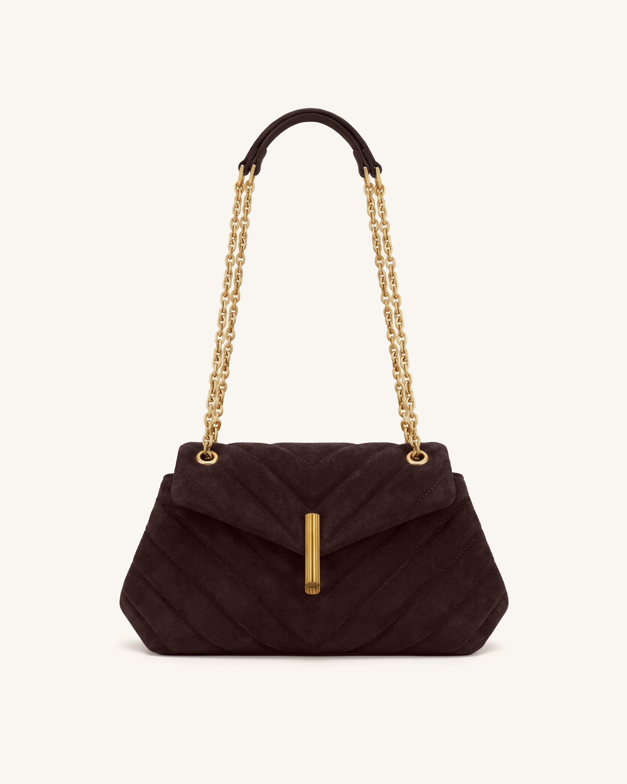 Valerie Faux Suede Quilted Chain Flap Shoulder Bag - Dark Brown