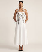 3D Floral Halter Satin Midi Dress - White