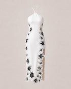 Flower Embroidered Halter Slit Midi Dress - White